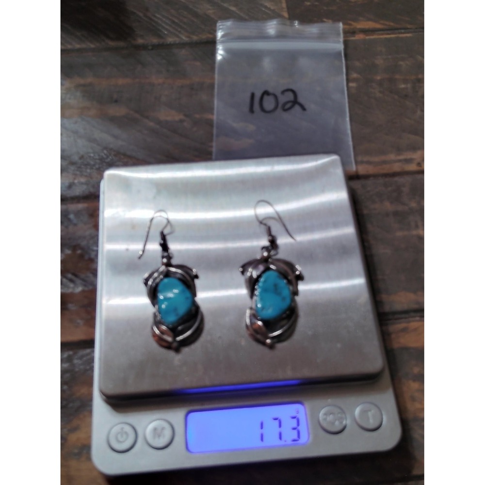 Vintage Native American Turquoise Leaf Dangle Drop Earrings Sterling Silver 17g